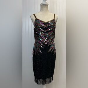 Vintage Patchouli From Nature Sequin Strappy Frindged‎ Hem Mini Dress Sz M